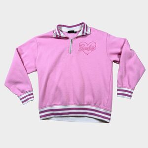 Barbie Quarter Zip Sweatshirt Medium Pink Embroidered Heart Y2K Barbiecore Matte